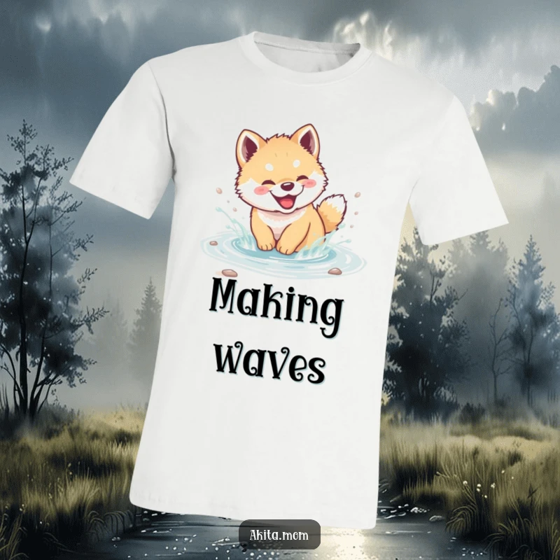 Funny Akita cub t-shirt showing a giggling puppy enthusiastically splashing in a clear stream, capturing a moment of pure water-filled fun.
