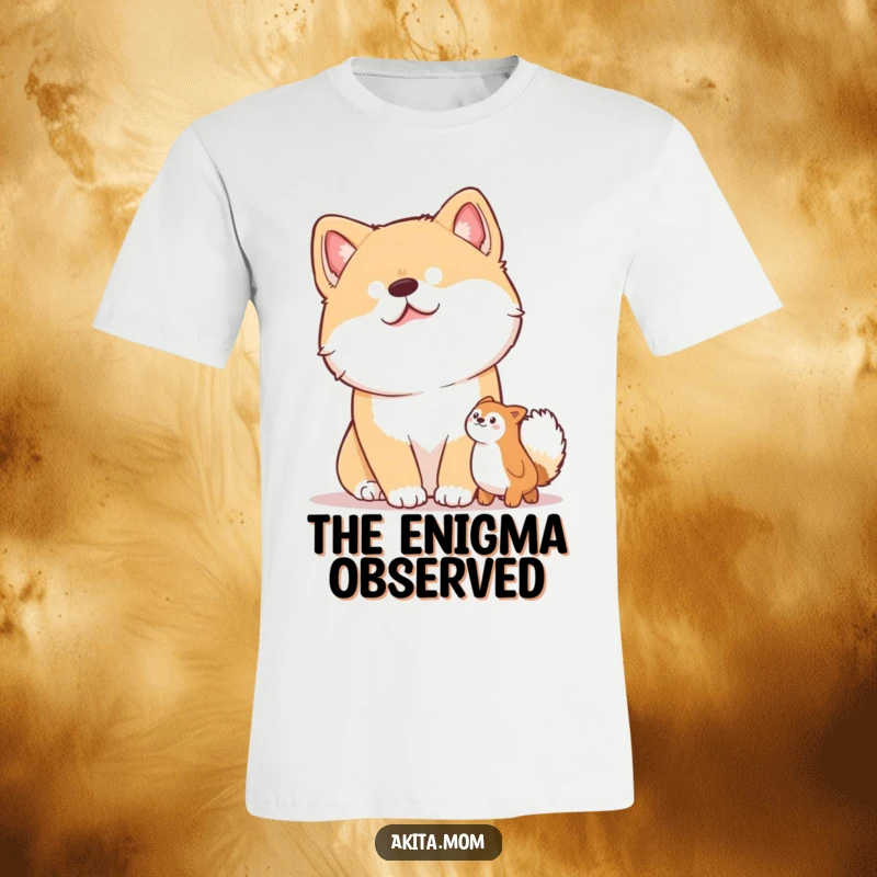 Funny t-shirt graphic of an Akita dog with a cute head tilt, eyes fixed on an intriguing toy.