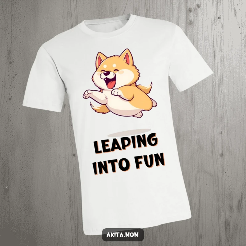 Funny t-shirt graphic of an Akita dog executing a powerful and playful leap, conveying freedom and joy.