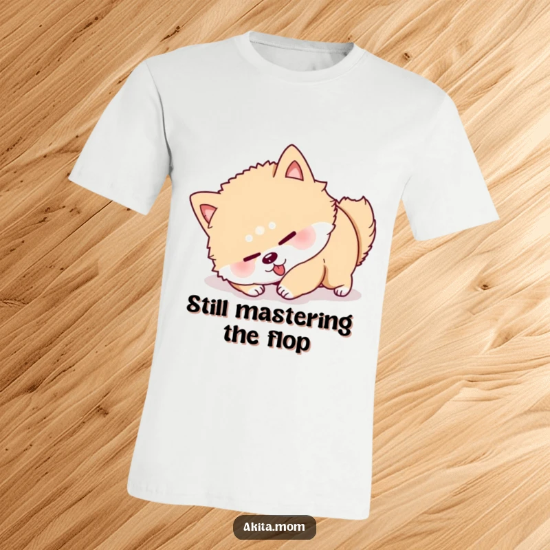 Funny Akita Roll Over T-Shirt: A determined Akita dog hilariously attempts to roll over, expressing comical effort and a funny, focused look.