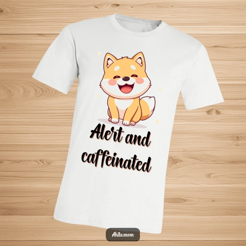 Funny Alert Akita T-Shirt: Cute dog performing a joyful, alert survey, symbolizing vigilance and happy observation.
