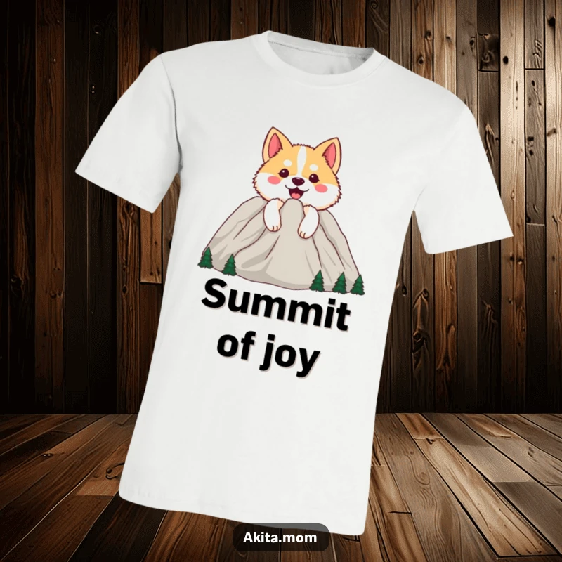 Funny Happy Akita T-Shirt: Dog peeking from behind a cheerful mountain, symbolizing adventure, joy, and the great outdoors.