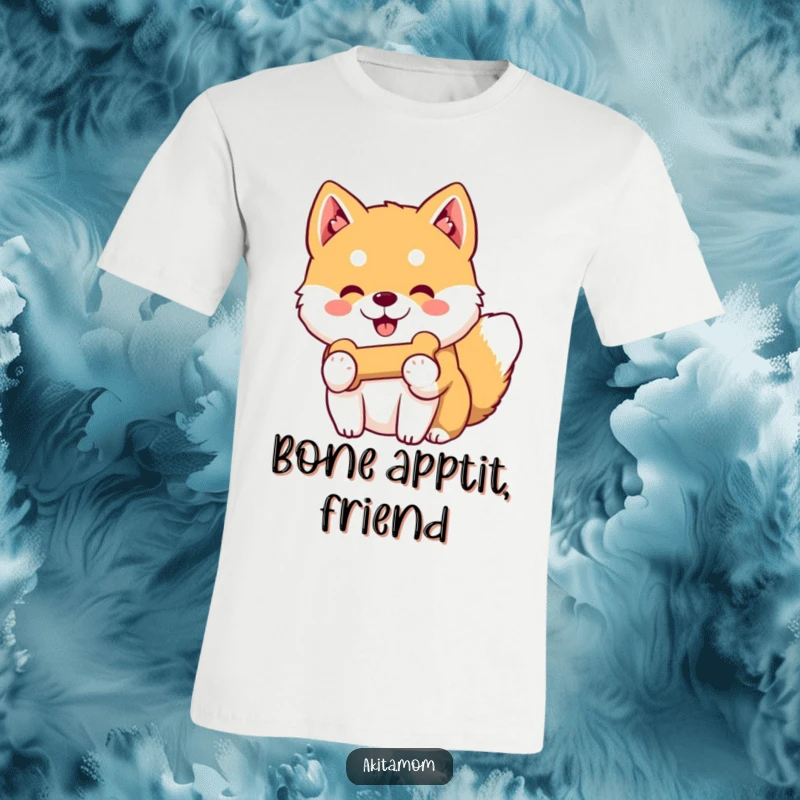 Funny Kawaii Akita t-shirt showing a gentle-smiling dog offering its favorite toy bone, representing friendship and playful sharing.