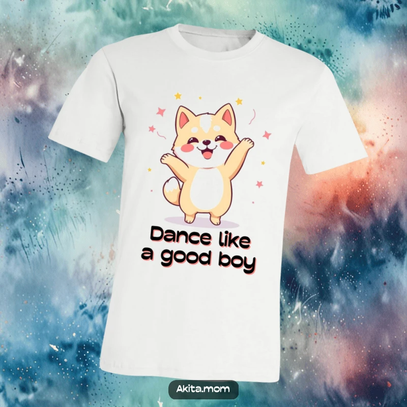Funny Kawaii Akita dog t-shirt, captured mid-celebratory dance, radiating pure happiness and infectious energy.