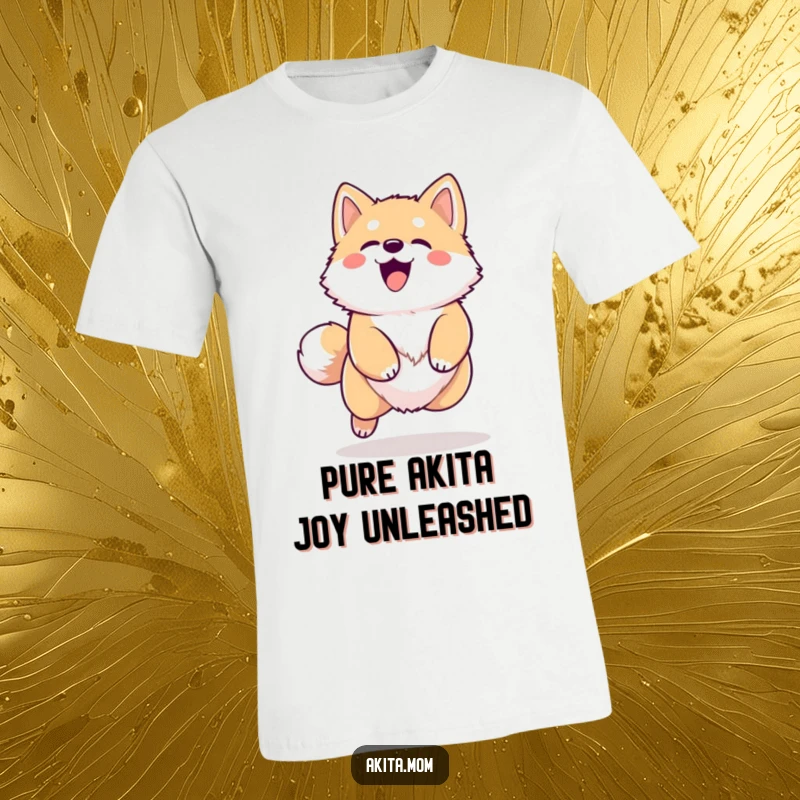 Funny Kawaii Akita t-shirt, captured in a joyful leap with a happy bark, embodying pure doggy excitement and playful spirit.