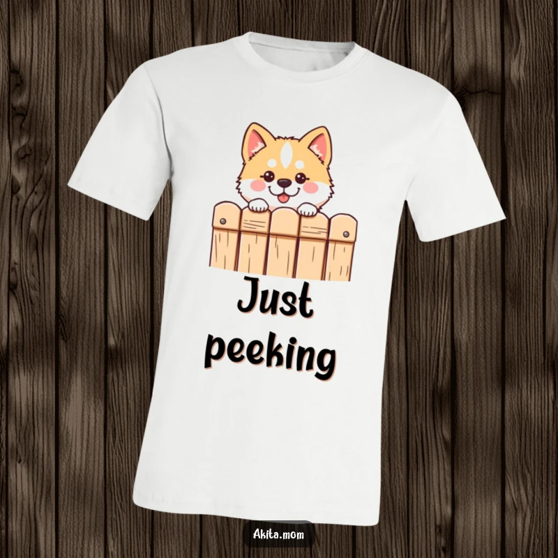 Funny Kawaii Akita t-shirt depicts a cute dog looking curiously over a fence, inviting interaction and smiles.