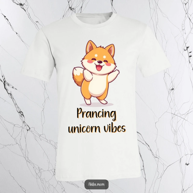 Funny Kawaii Akita T-Shirt: Adorable dog character performing a funny, energetic prance, showcasing cuteness and playfulness.