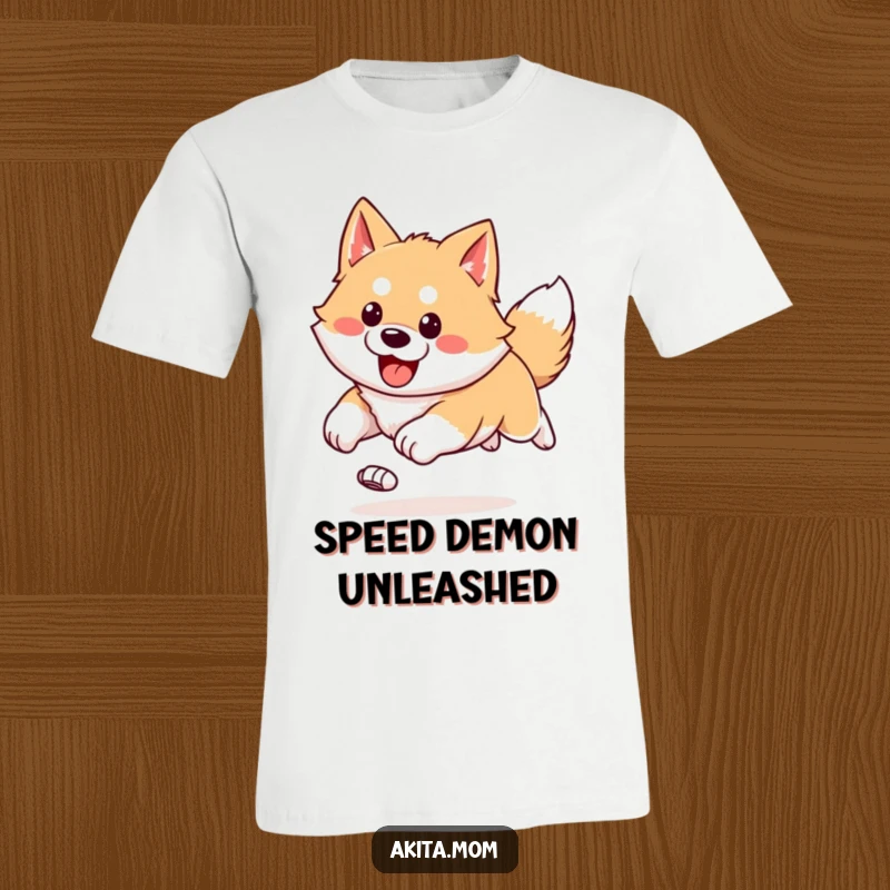 Funny Kawaii Akita t-shirt illustrating a happy, bounding run with ears flying, embodying freedom and joyful movement.