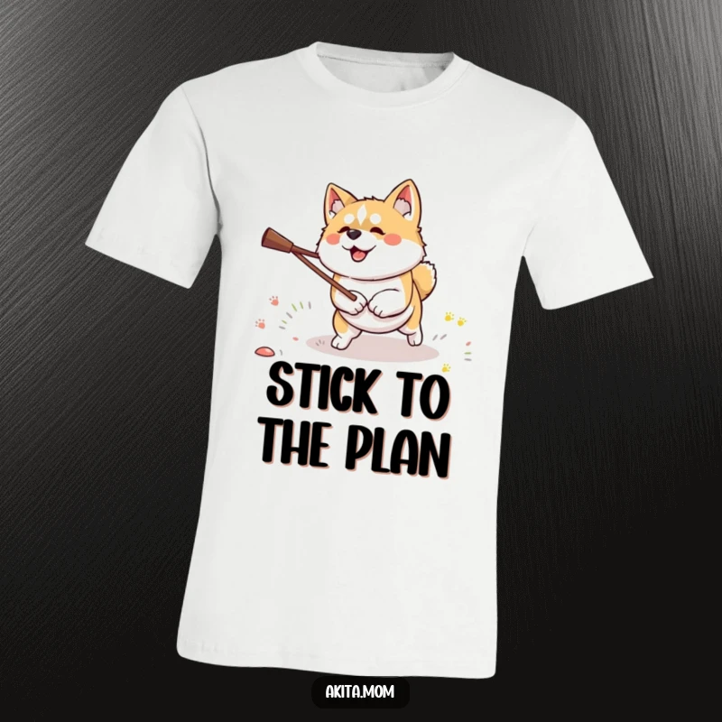 Funny Kawaii Akita dog t-shirt, depicting a dog with intense determination, mid-chase for a stick.