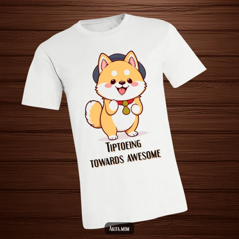 Funny Kawaii Akita T-Shirt, a happy dog doing a dignified, joyful tiptoe, cute and funny apparel, perfect gift.
