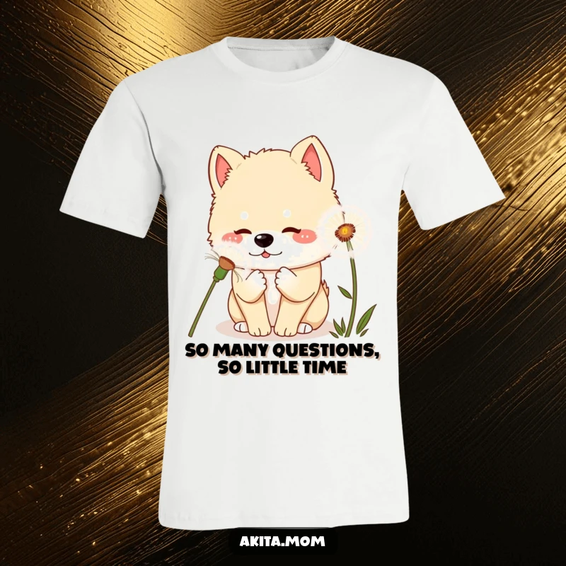 Curious Kawaii Akita Dandelion T-Shirt: A cute kawaii Akita dog curiously sniffing a giant dandelion, showcasing a moment of gentle discovery.