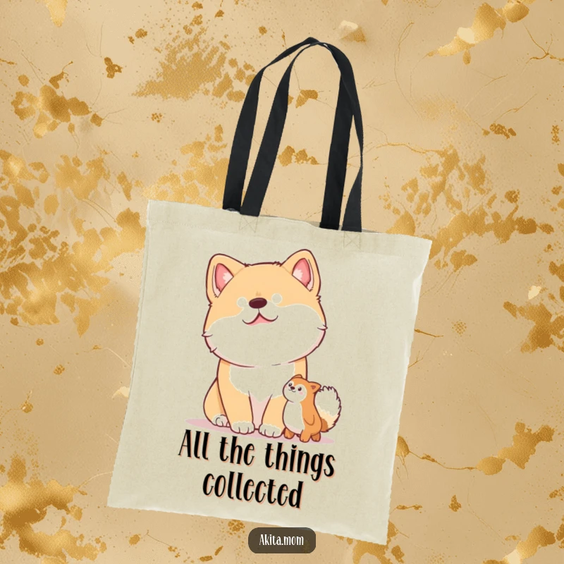 Funny tote bag displaying an Akita dog with an endearing head tilt, curiously focused on a tempting toy.