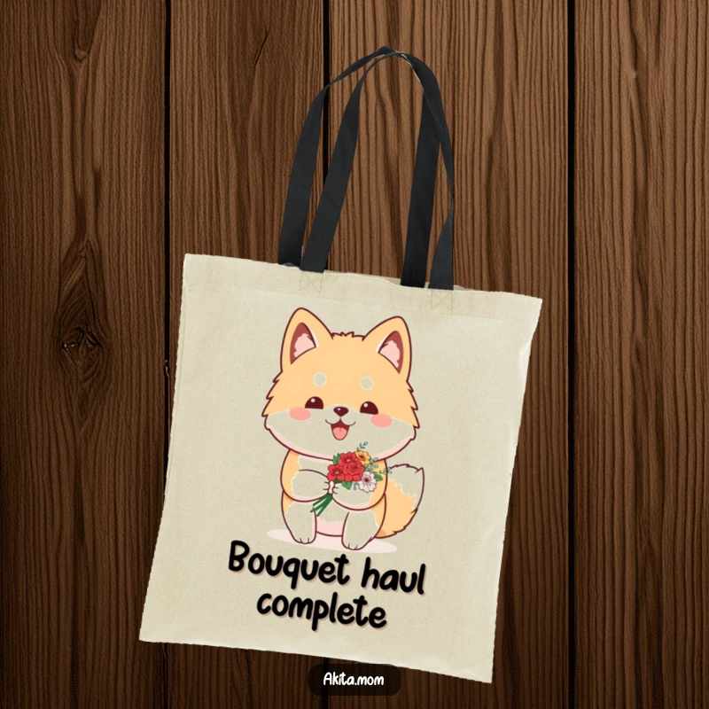 Funny Kawaii Akita tote bag showcasing a proud dog carrying a small, charming bouquet of flowers, perfect for errands and gifts.