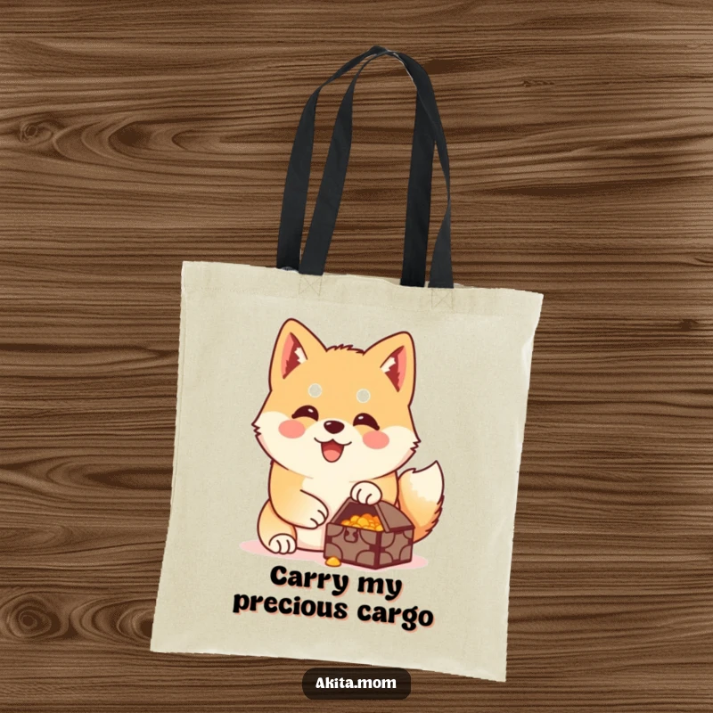 Funny Akita tote bag featuring a happy Akita guarding a small, precious treasure, ready to protect your belongings.