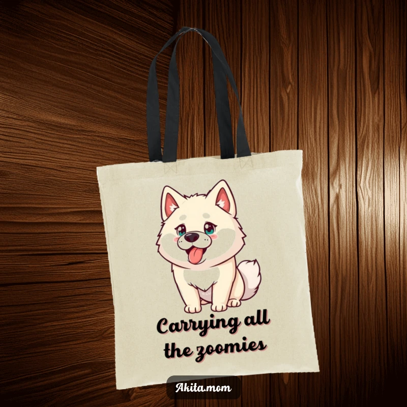 Funny Akita tote bag depicting a determined and energetic dog. A practical and humorous gift for Akita enthusiasts.