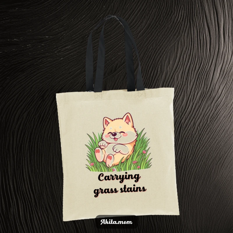 Funny Kawaii Akita dog tote bag, showcasing a dog delightedly rolling in the grass, practical and fun.