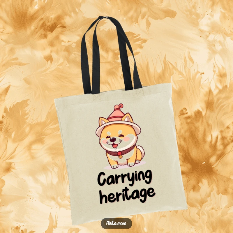 Funny Akita tote bag depicting a dog wearing a small traditional Japanese hat. Humorous and stylish cultural gift.