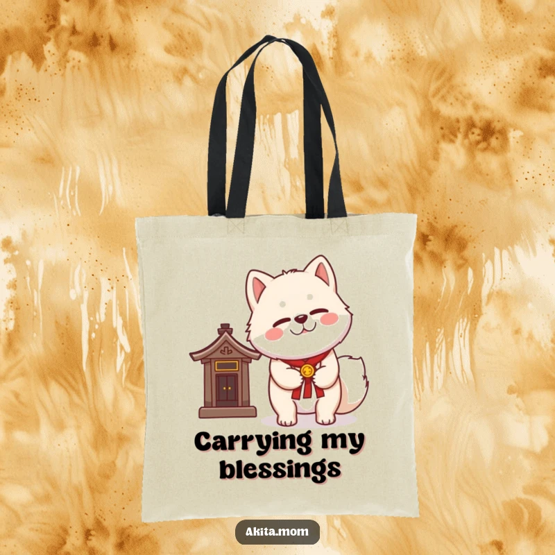 Funny Kawaii Akita tote bag with a dignified wink, standing beside a miniature shrine, symbolizing luck and playful charm.