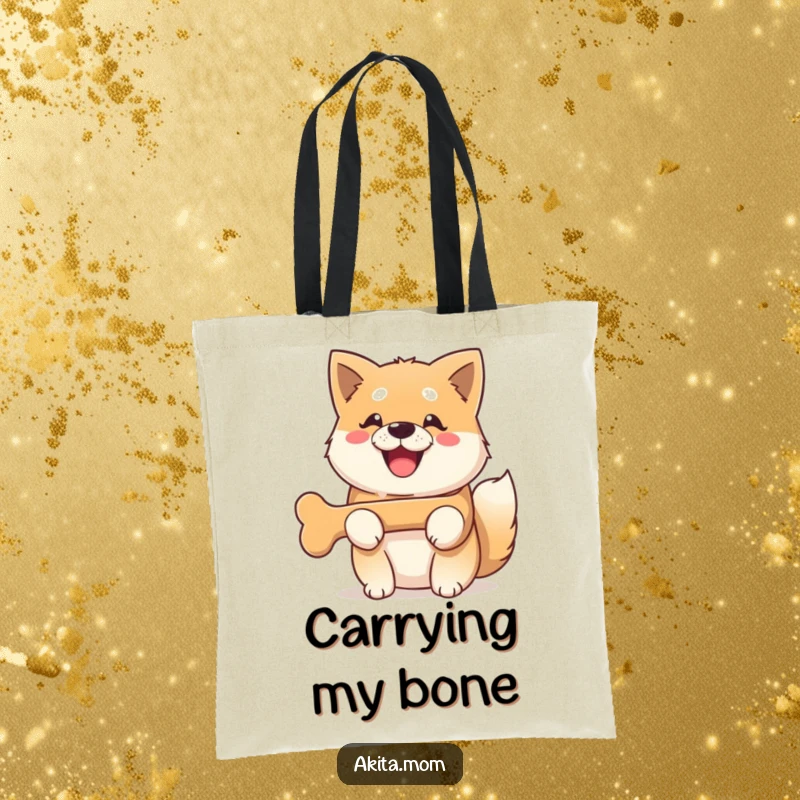 Funny Kawaii Akita dog tote bag, showcasing a dog with a massive smile holding a bone, practical and humorous.