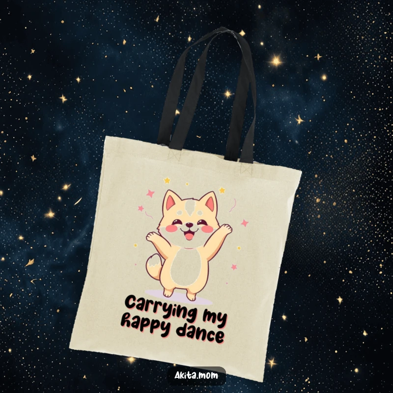 Funny Kawaii Akita dog tote bag, artistically showcasing a happy dog doing a celebratory dance, ideal for everyday use.