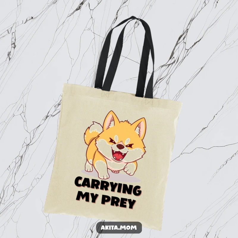Funny Kawaii Akita tote bag depicting a dog playfully pouncing on a shadow. Humorous accessory for Akita lovers.