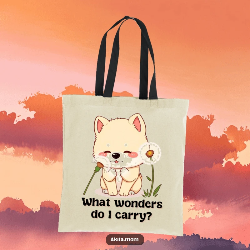 Curious Kawaii Akita Dandelion Tote Bag: A kawaii Akita dog curiously sniffing a giant dandelion, a symbol of gentle exploration.