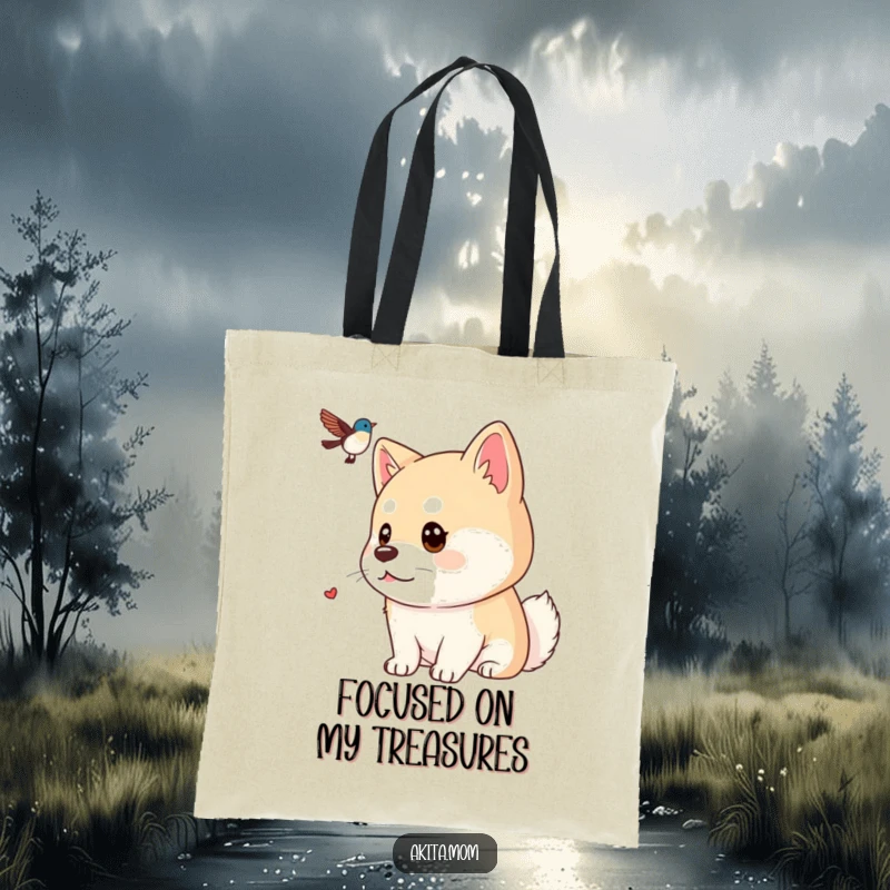 Funny Kawaii Akita tote bag, depicting a dog with a focused gaze watching a distant bird, great for carrying items with a vigilant spirit.