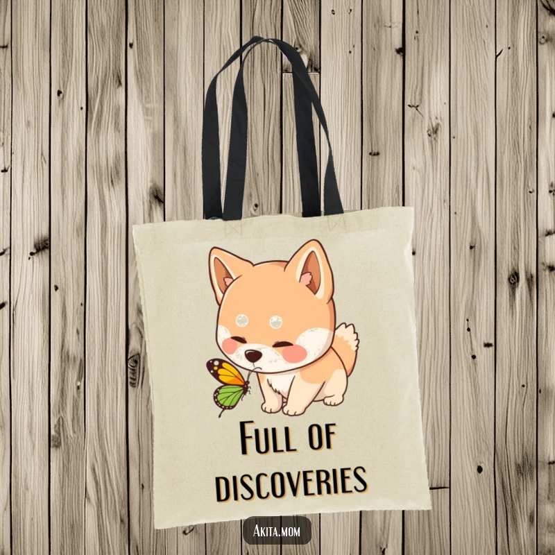 Funny Kawaii Akita dog tote bag, depicting a curious sniff towards a butterfly, ideal for carrying essentials with nature-inspired humor.