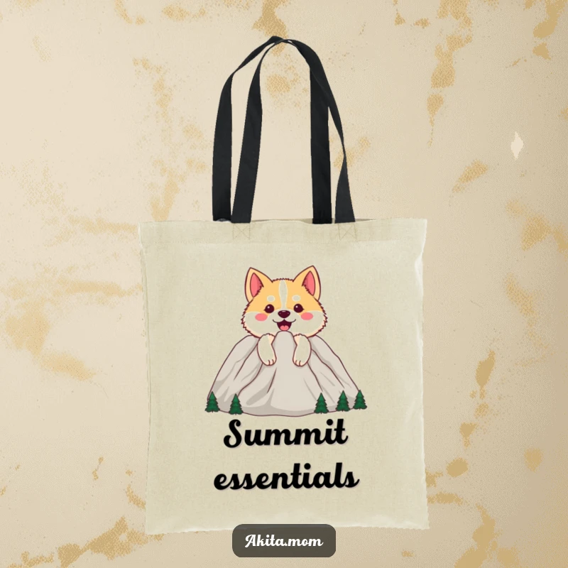 Funny Happy Akita Tote Bag: Dog peeking from behind a cheerful mountain, a durable and stylish bag for adventurers.