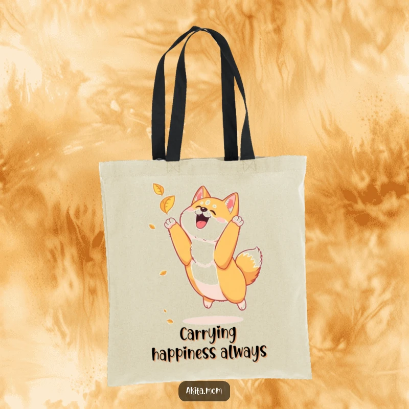 Funny Akita tote bag showing a loyal Akita joyfully leaping to catch a falling leaf, perfect for carrying fall treasures.