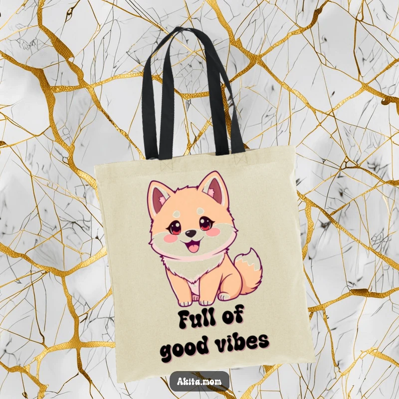 Funny Akita tote bag with a dog showing eager eyes and a wagging tail. A humorous and practical gift.