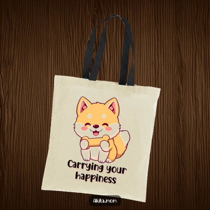 Funny Kawaii Akita tote bag designed with a gentle-smiling dog offering its favorite toy bone, symbolizing friendship and sharing.