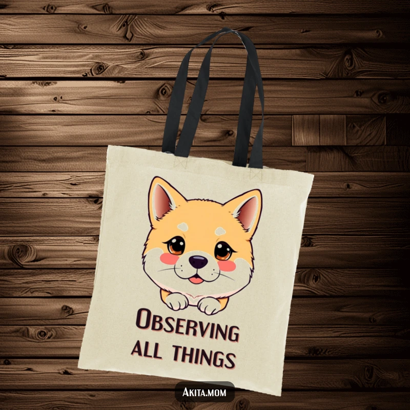 Funny Kawaii Akita dog tote bag, with a bright, attentive gaze, ideal for carrying items while highlighting alertness and humor.