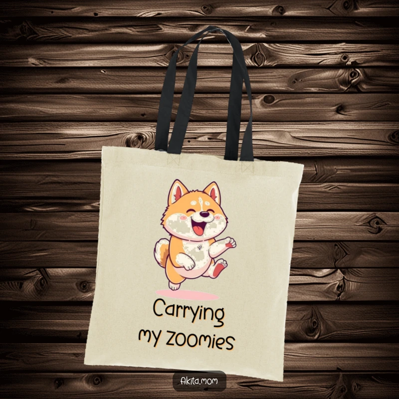 Funny Kawaii Akita dog tote bag, showcasing a high-energy leap, perfect for carrying items with a sense of playful fun.