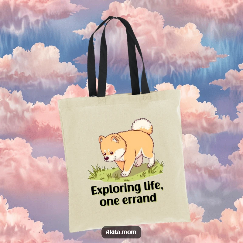 Funny Kawaii Akita tote bag, showing a dog in a dignified trot exploring grass, great for carrying daily essentials with a calm demeanor.