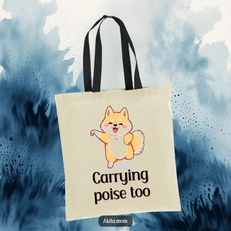 Funny Kawaii Akita tote bag depicting a dog in graceful, swift motion. Humorous and stylish accessory.