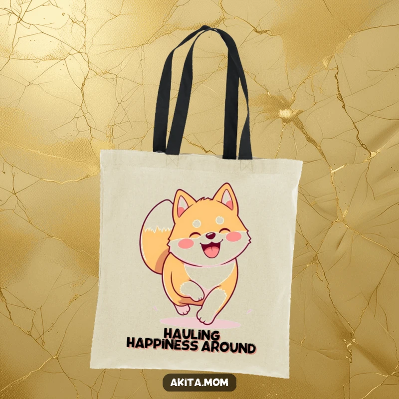 Funny Kawaii Akita tote bag featuring a dog trotting happily with its tail up. A humorous and practical accessory.