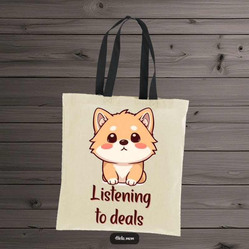 Funny Kawaii Akita tote bag depicting a dog with a curious head tilt, listening intently. Humorous accessory for Akita enthusiasts.
