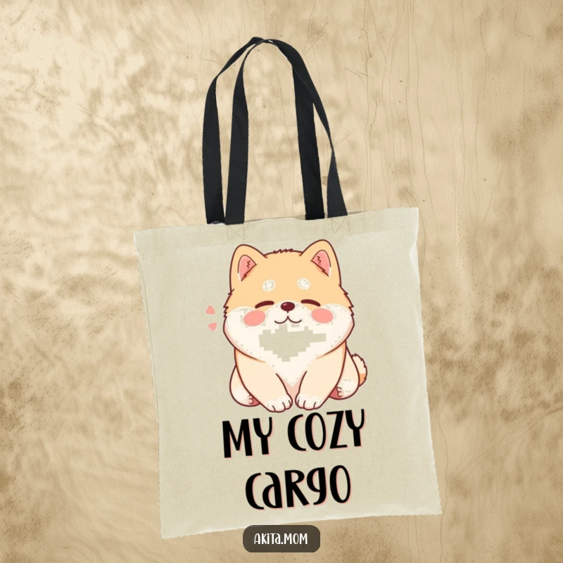 Funny Kawaii Akita tote bag, a content dog sighing while resting its head, perfect for carrying relaxation.