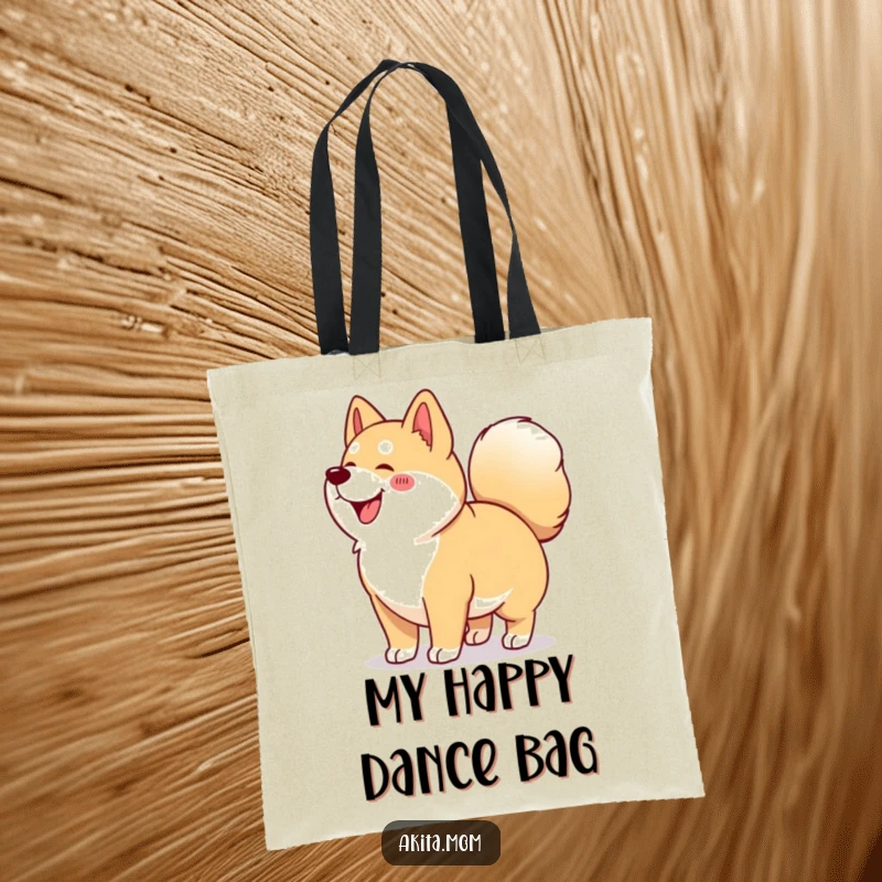 Funny Kawaii Akita tote bag showing a happy dog doing a distinctive wiggle with its tightly curled tail, perfect for carrying joy.