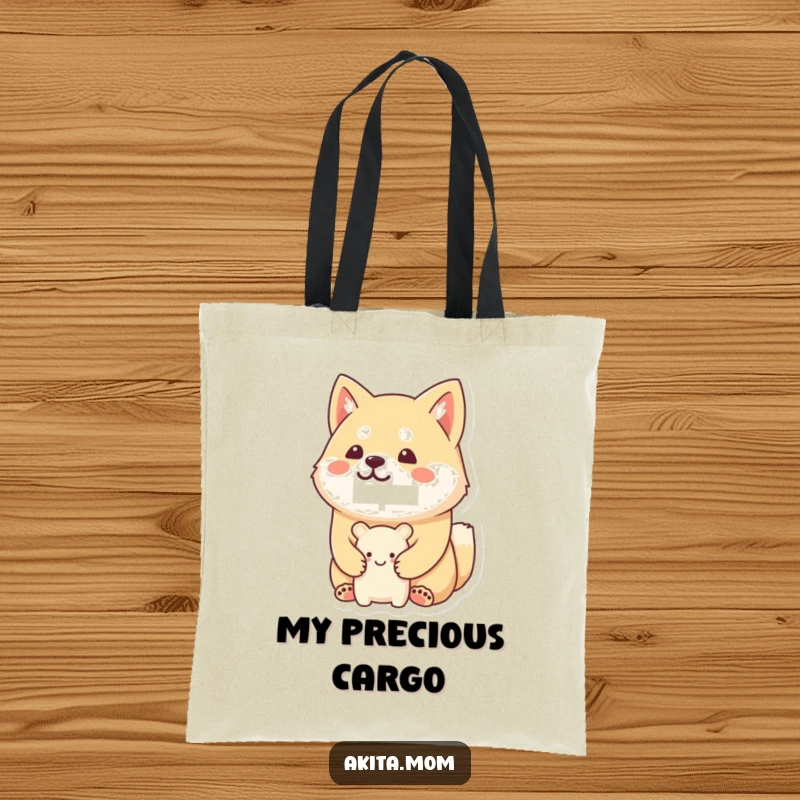 Funny Kawaii Akita tote bag with a happy, stoic expression, guarding a tiny, smiling toy, symbolizing devotion and charm.