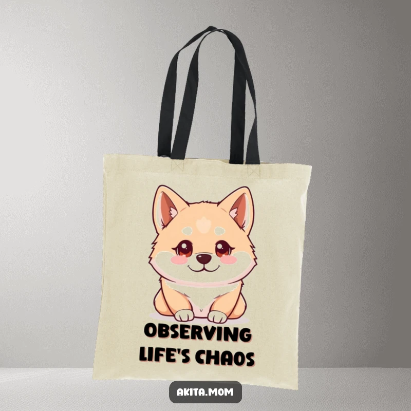 Funny Kawaii Akita tote bag designed with a dog possessing bright, intelligent eyes, attentively observing everything around it.