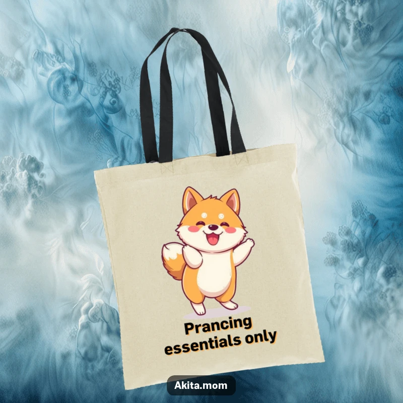 Funny Kawaii Akita Tote Bag: Adorable dog character doing a funny, spirited prance, perfect for carrying everyday items.