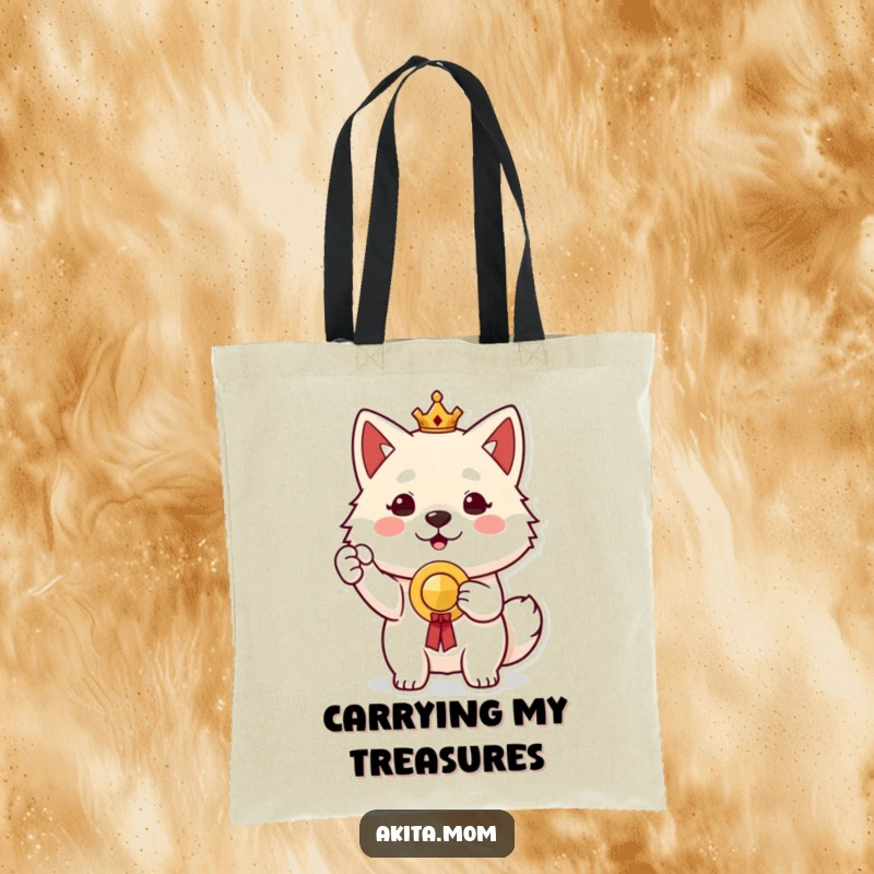 Proud Akita Prize Tote Bag: A proud Akita dog holding up a small prize, symbolizing victory and accomplishment.