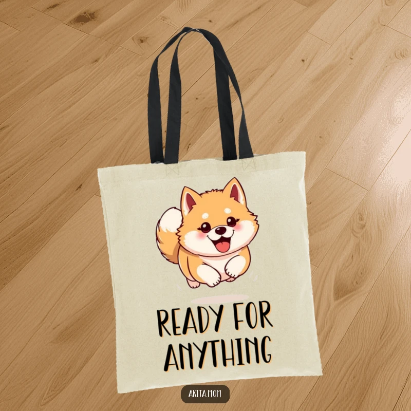 Funny Akita tote bag depicting a dog bounding forward with enthusiasm. Humorous and practical gift for active individuals.