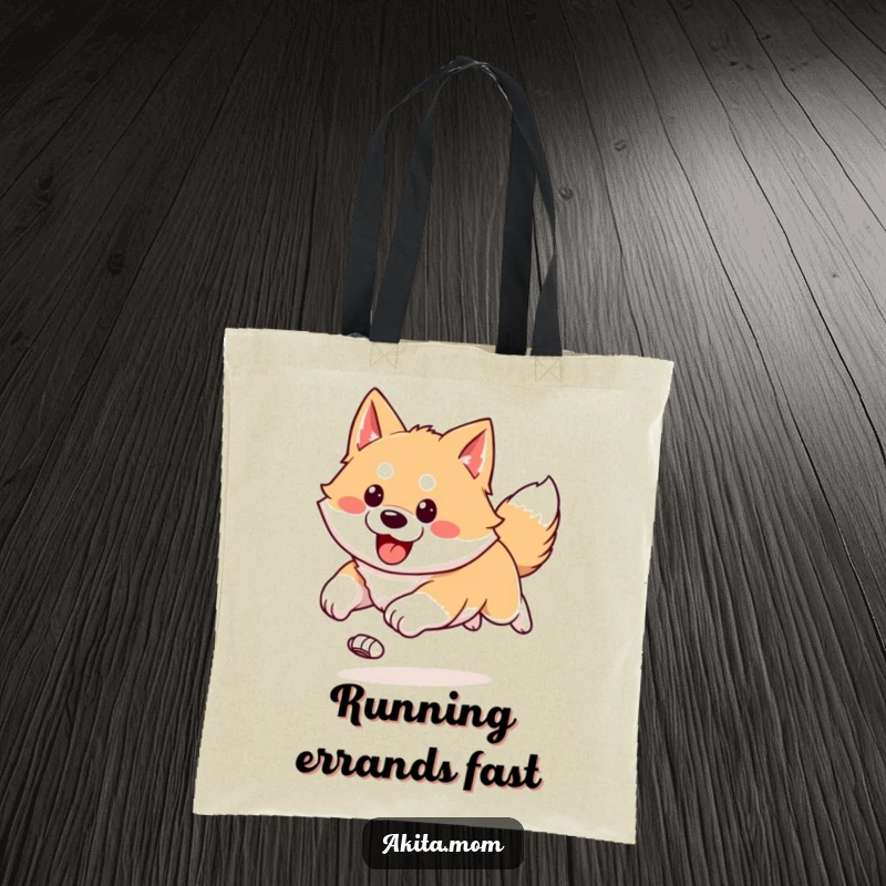 Funny Kawaii Akita tote bag showing a happy, bounding run with ears flying, symbolizing energy and enthusiastic movement.