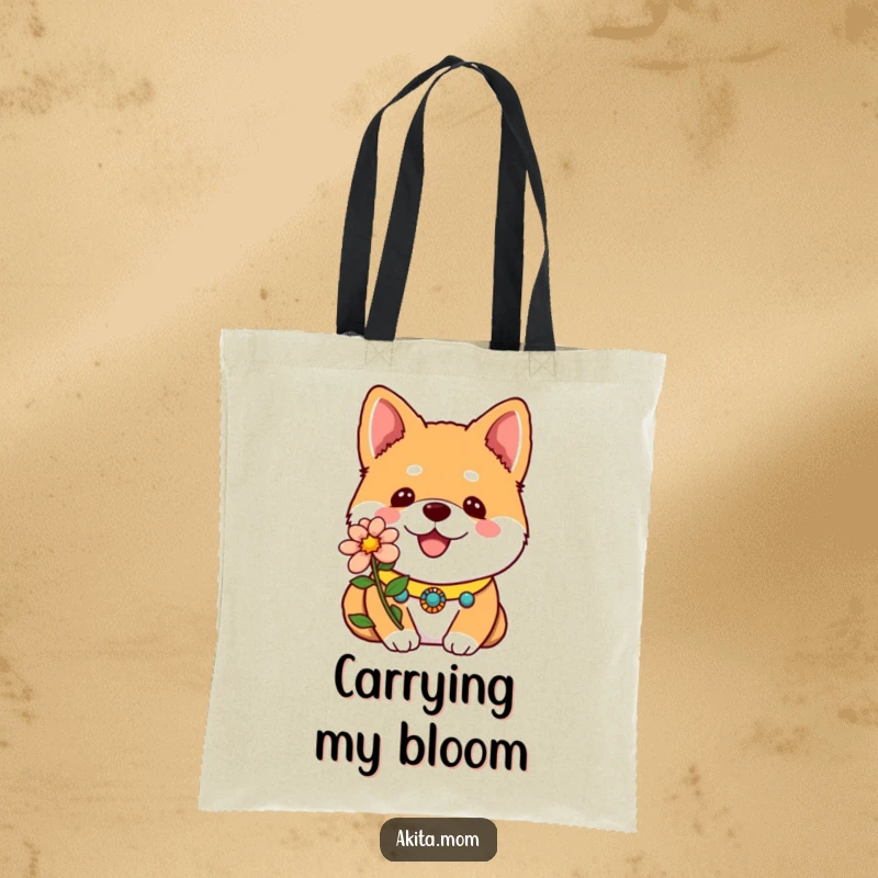 Funny Kawaii Akita Tote Bag showing a decorative collar and one bright flower, a stylish and cute dog accessory for errands.
